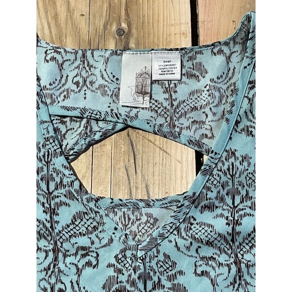 Francesca's Ikat Teal/Brown print tank top w/ back detail. Bird cage label.Small - Picture 2 of 5